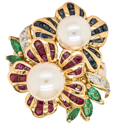 Deja Vu 18ct Yellow Gold Pearl & Multi Gem Floral Ring-Ring-Walker & Hall
