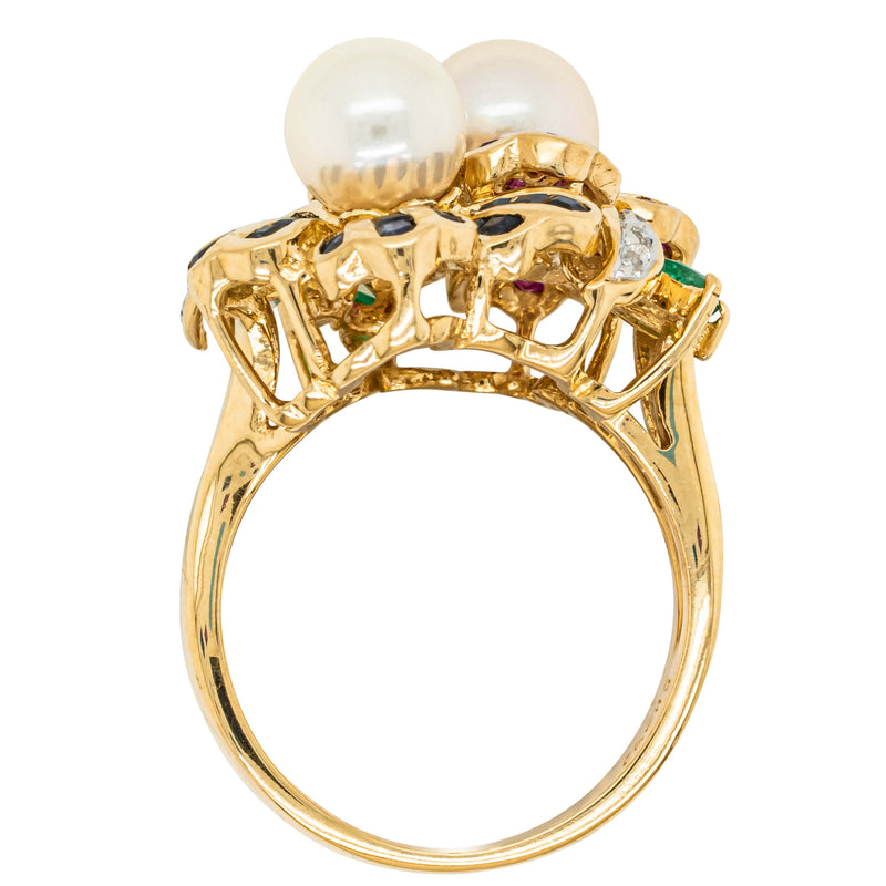 Deja Vu 18ct Yellow Gold Pearl & Multi Gem Floral Ring-Ring-Walker & Hall