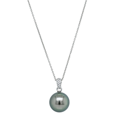 18ct White Gold 13.5mm Tahitian Pearl & Diamond Pendant-Necklace-Walker & Hall