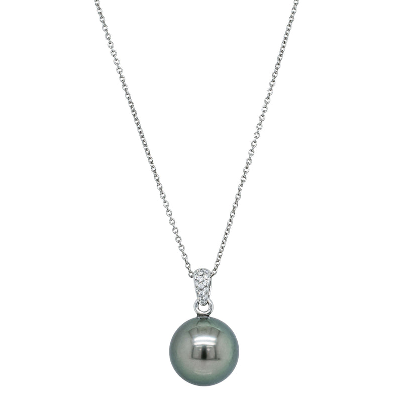 18ct White Gold 13.5mm Tahitian Pearl & Diamond Pendant-Necklace-Walker & Hall