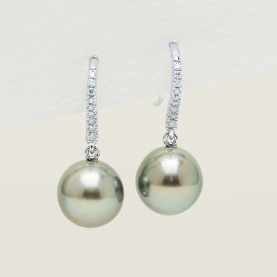 18ct White Gold 9-10mm Black Pearl & Diamond Drop Earrings - Earrings - Walker & Hall
