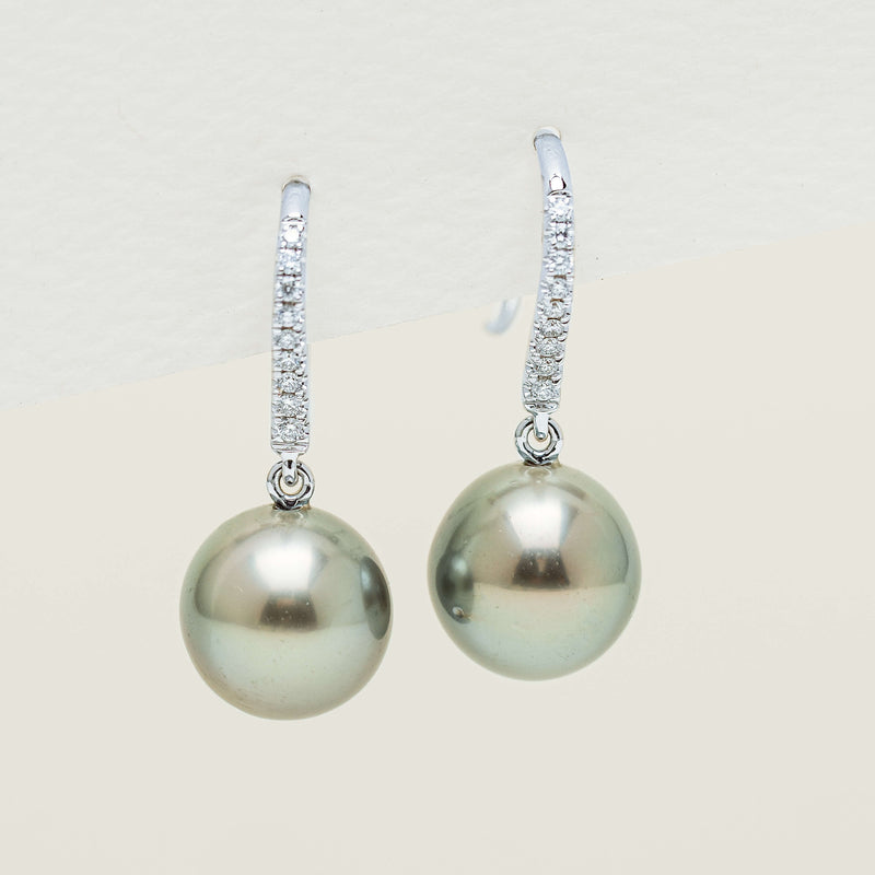 18ct White Gold 9-10mm Black Pearl & Diamond Drop Earrings - Earrings - Walker & Hall