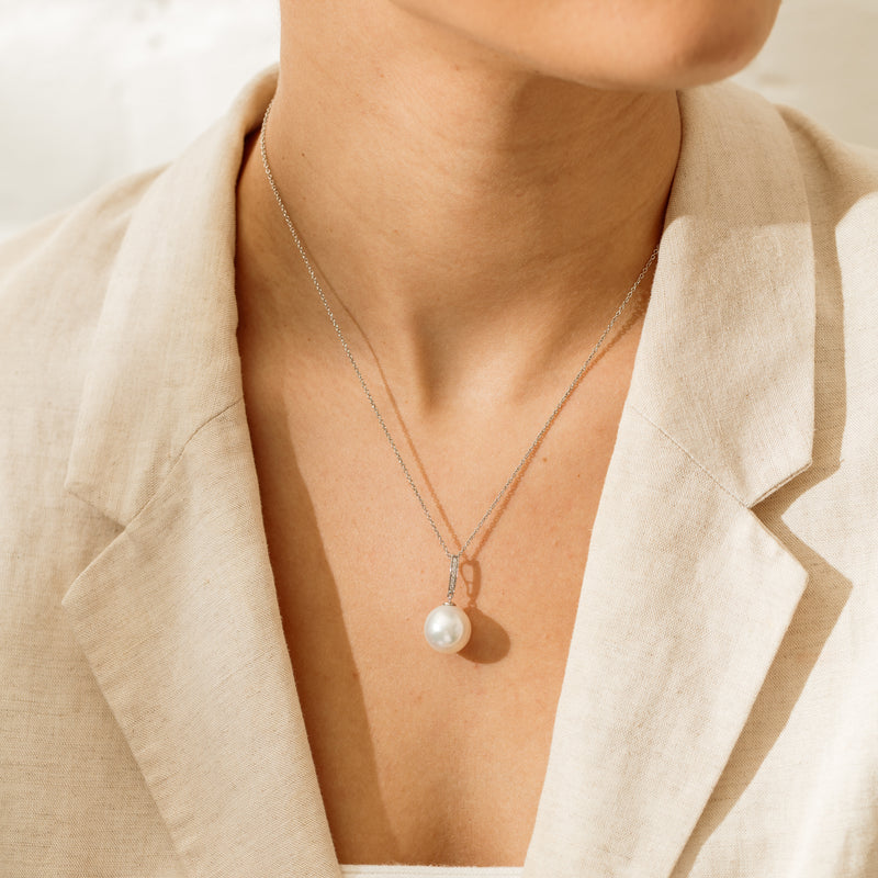 18ct White Gold 13.2mm South Sea Pearl & Diamond Pendant - Necklace - Walker & Hall
