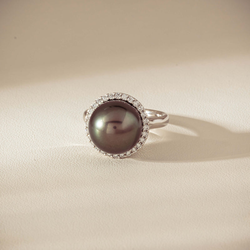 18ct White Gold 12.8mm Tahitian Pearl Diamond Callisto Ring - Ring - Walker & Hall