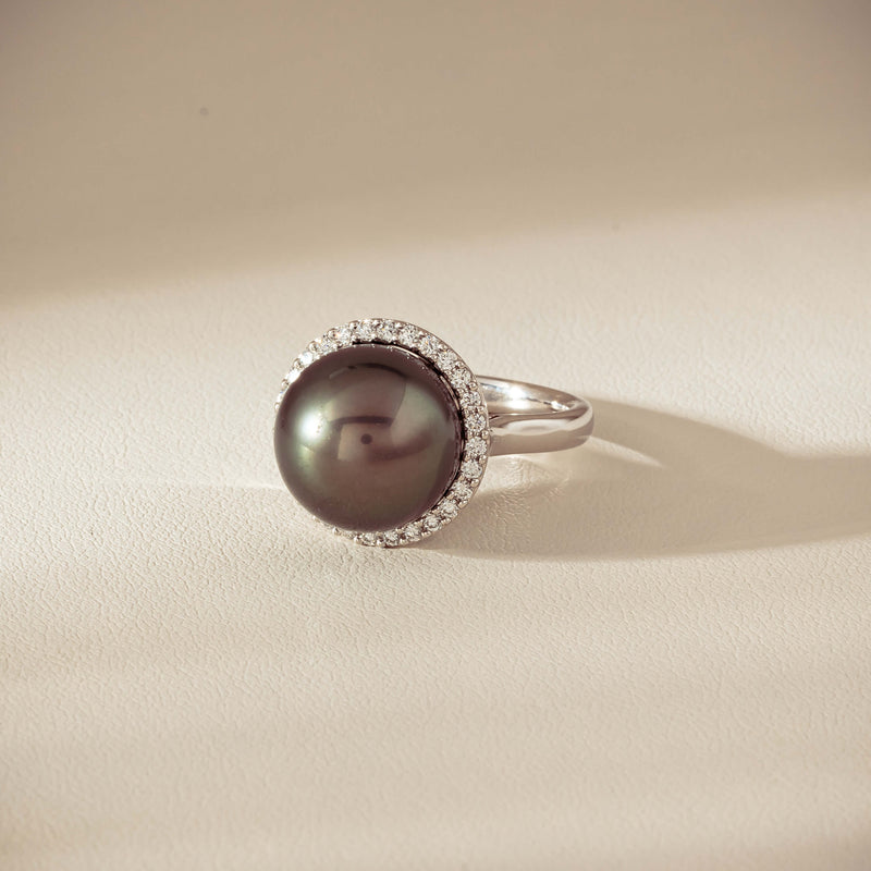 18ct White Gold 12.8mm Tahitian Pearl Diamond Callisto Ring - Ring - Walker & Hall