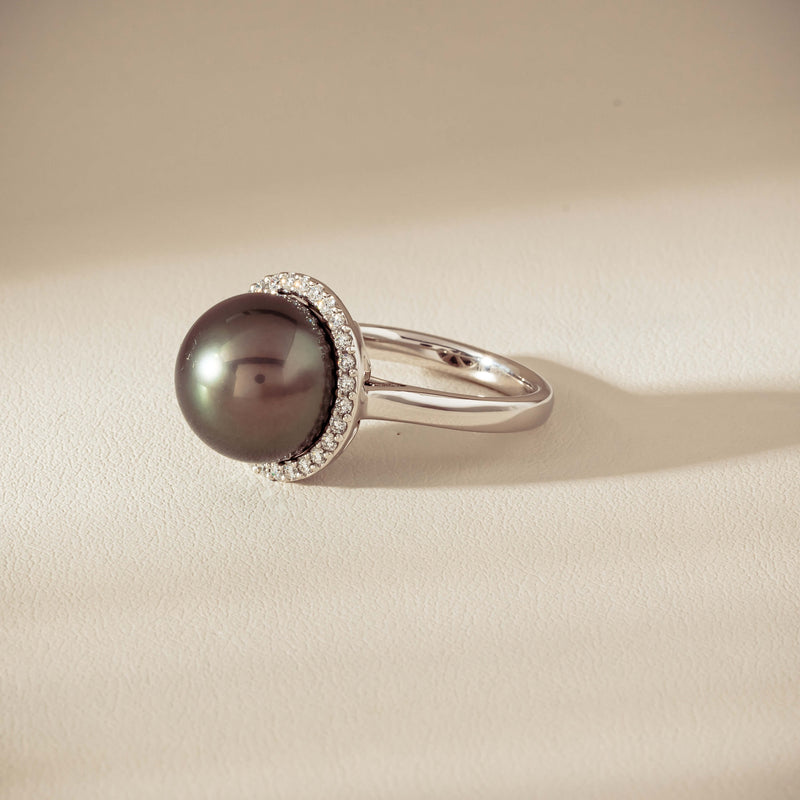 18ct White Gold 12.8mm Tahitian Pearl Diamond Callisto Ring - Ring - Walker & Hall