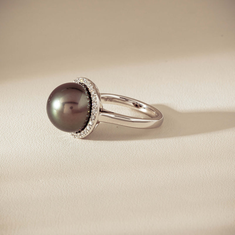 18ct White Gold 12.8mm Tahitian Pearl Diamond Callisto Ring - Ring - Walker & Hall