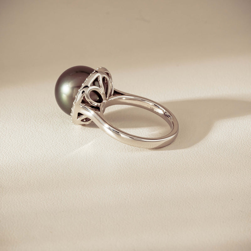 18ct White Gold 12.8mm Tahitian Pearl Diamond Callisto Ring - Ring - Walker & Hall