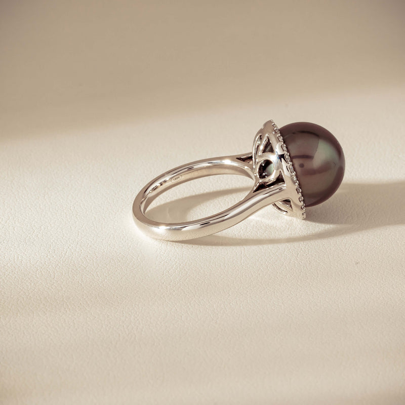 18ct White Gold 12.8mm Tahitian Pearl Diamond Callisto Ring - Ring - Walker & Hall
