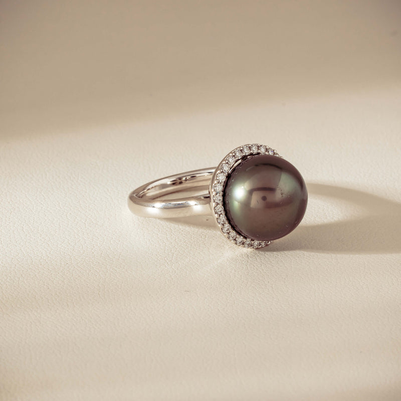 18ct White Gold 12.8mm Tahitian Pearl Diamond Callisto Ring - Ring - Walker & Hall