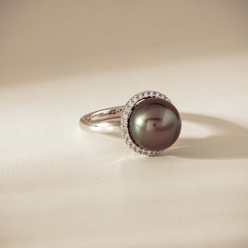 18ct White Gold 12.8mm Tahitian Pearl Diamond Callisto Ring - Ring - Walker & Hall