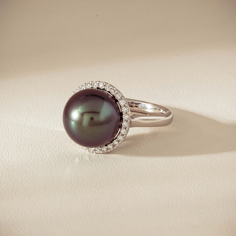 18ct White Gold 12.4mm Tahitian Pearl Diamond Callisto Ring - Ring - Walker & Hall