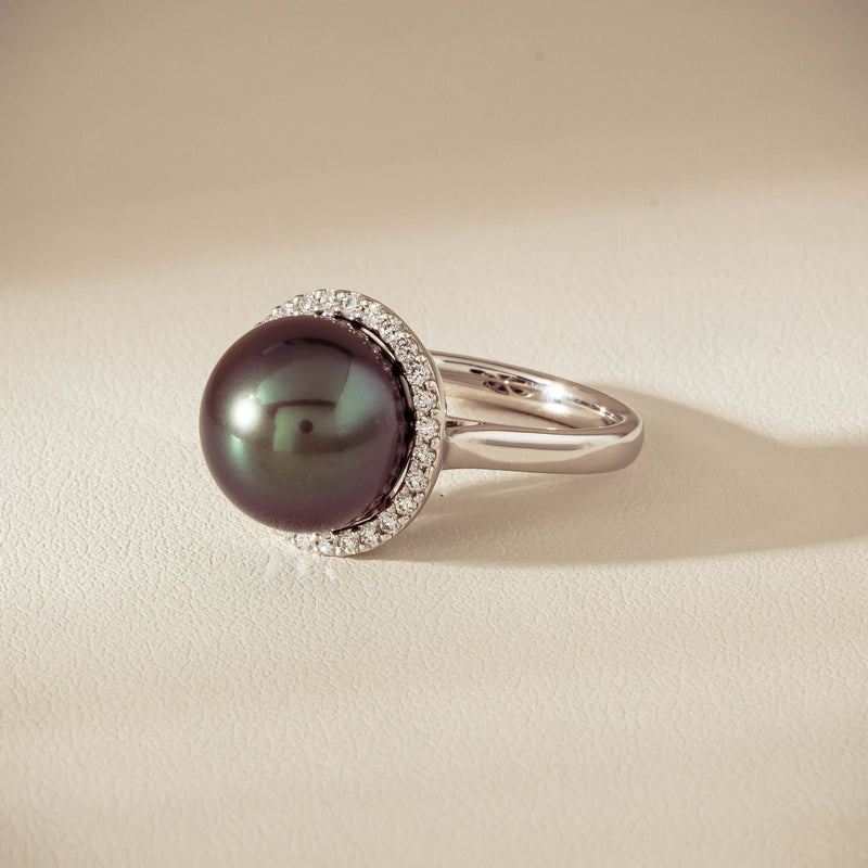 18ct White Gold 12.4mm Tahitian Pearl Diamond Callisto Ring - Ring - Walker & Hall