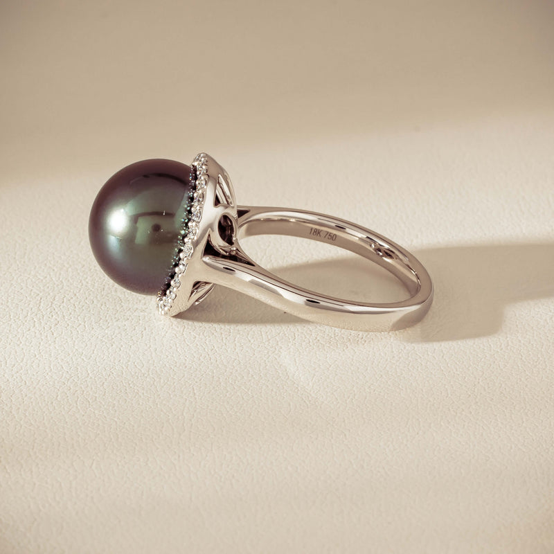18ct White Gold 12.4mm Tahitian Pearl Diamond Callisto Ring - Ring - Walker & Hall