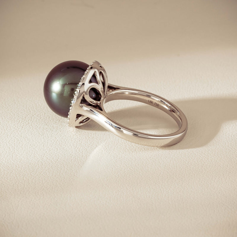18ct White Gold 12.4mm Tahitian Pearl Diamond Callisto Ring - Ring - Walker & Hall