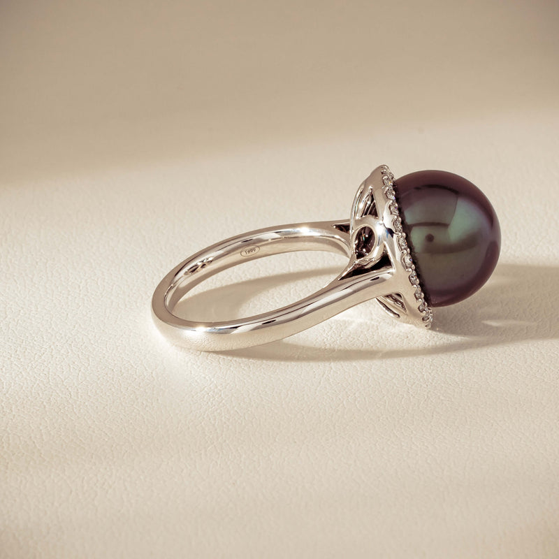 18ct White Gold 12.4mm Tahitian Pearl Diamond Callisto Ring - Ring - Walker & Hall