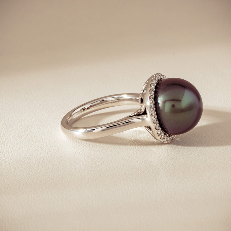 18ct White Gold 12.4mm Tahitian Pearl Diamond Callisto Ring - Ring - Walker & Hall