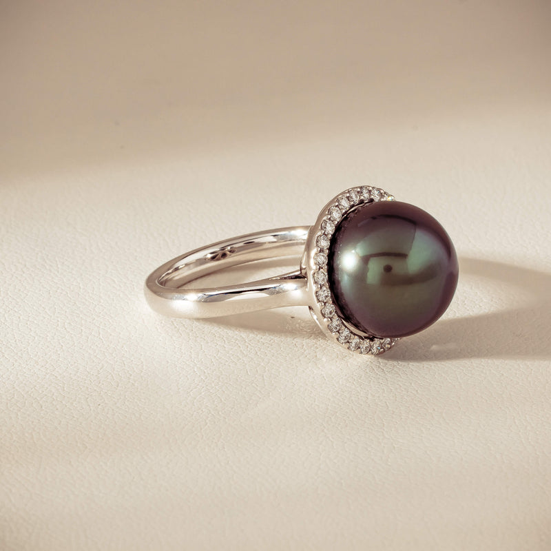 18ct White Gold 12.4mm Tahitian Pearl Diamond Callisto Ring - Ring - Walker & Hall