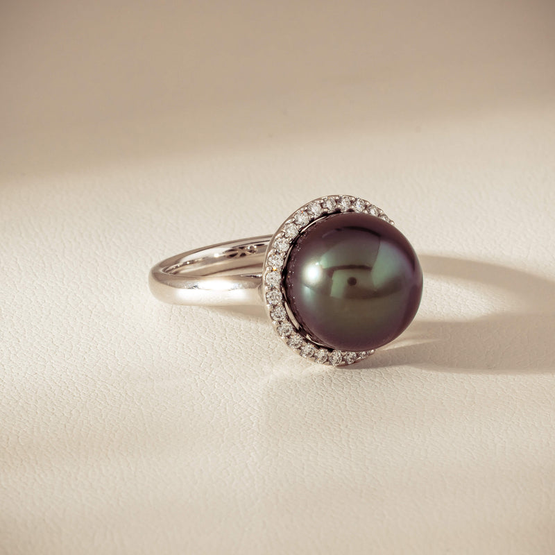 18ct White Gold 12.4mm Tahitian Pearl Diamond Callisto Ring - Ring - Walker & Hall