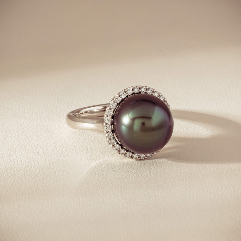 18ct White Gold 12.4mm Tahitian Pearl Diamond Callisto Ring - Ring - Walker & Hall