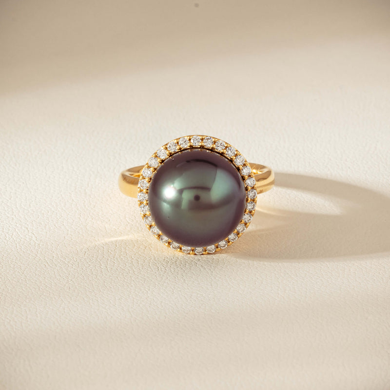 18ct Yellow Gold 12.8mm Tahitian Black Pearl Diamond Callisto Ring - Ring - Walker & Hall