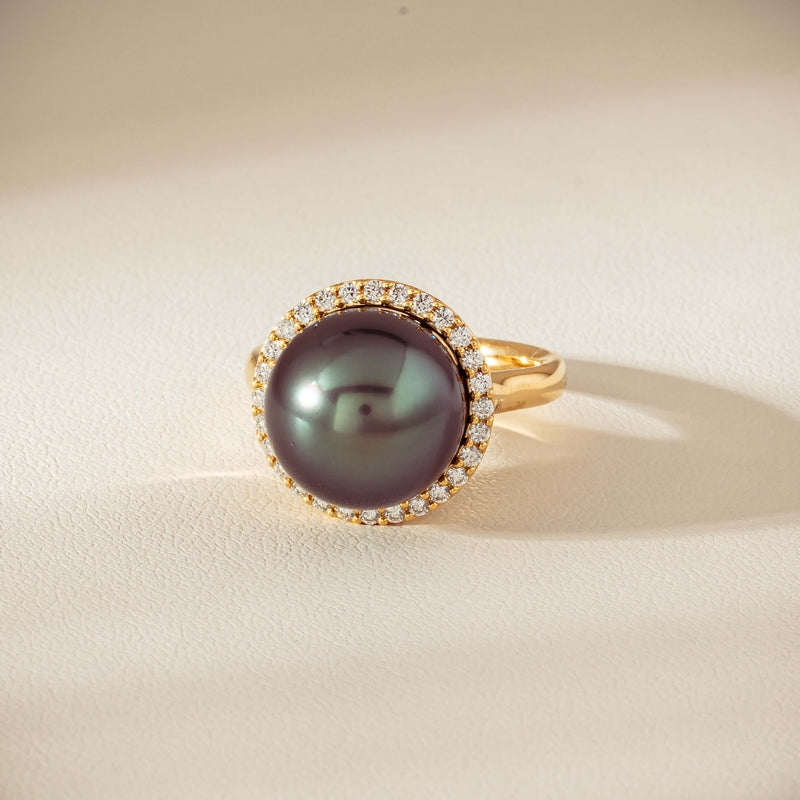 18ct Yellow Gold 12.8mm Tahitian Black Pearl Diamond Callisto Ring - Ring - Walker & Hall