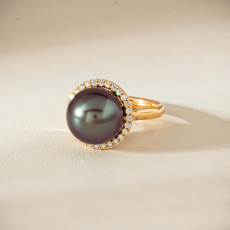 18ct Yellow Gold 12.8mm Tahitian Black Pearl Diamond Callisto Ring - Ring - Walker & Hall