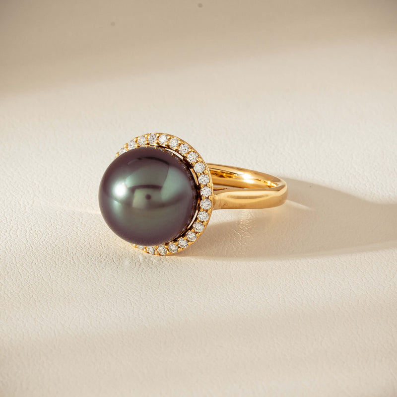 18ct Yellow Gold 12.8mm Tahitian Black Pearl Diamond Callisto Ring - Ring - Walker & Hall