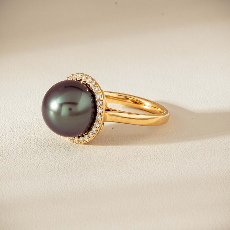 18ct Yellow Gold 12.8mm Tahitian Black Pearl Diamond Callisto Ring - Ring - Walker & Hall