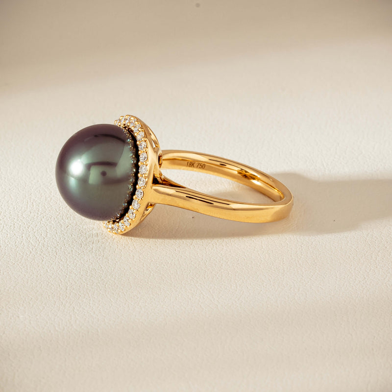 18ct Yellow Gold 12.8mm Tahitian Black Pearl Diamond Callisto Ring - Ring - Walker & Hall