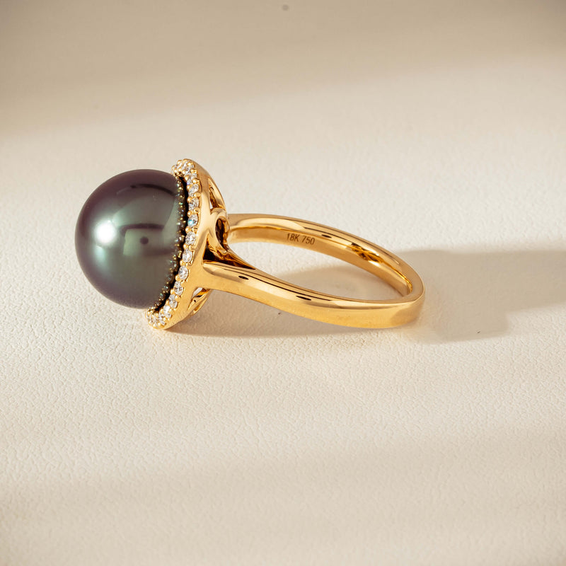 18ct Yellow Gold 12.8mm Tahitian Black Pearl Diamond Callisto Ring - Ring - Walker & Hall