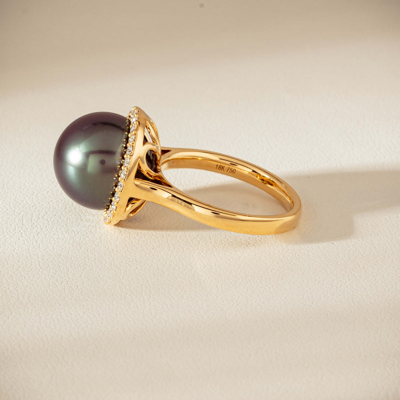 18ct Yellow Gold 12.8mm Tahitian Black Pearl Diamond Callisto Ring - Ring - Walker & Hall