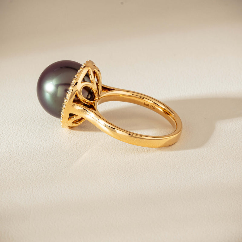 18ct Yellow Gold 12.8mm Tahitian Black Pearl Diamond Callisto Ring - Ring - Walker & Hall