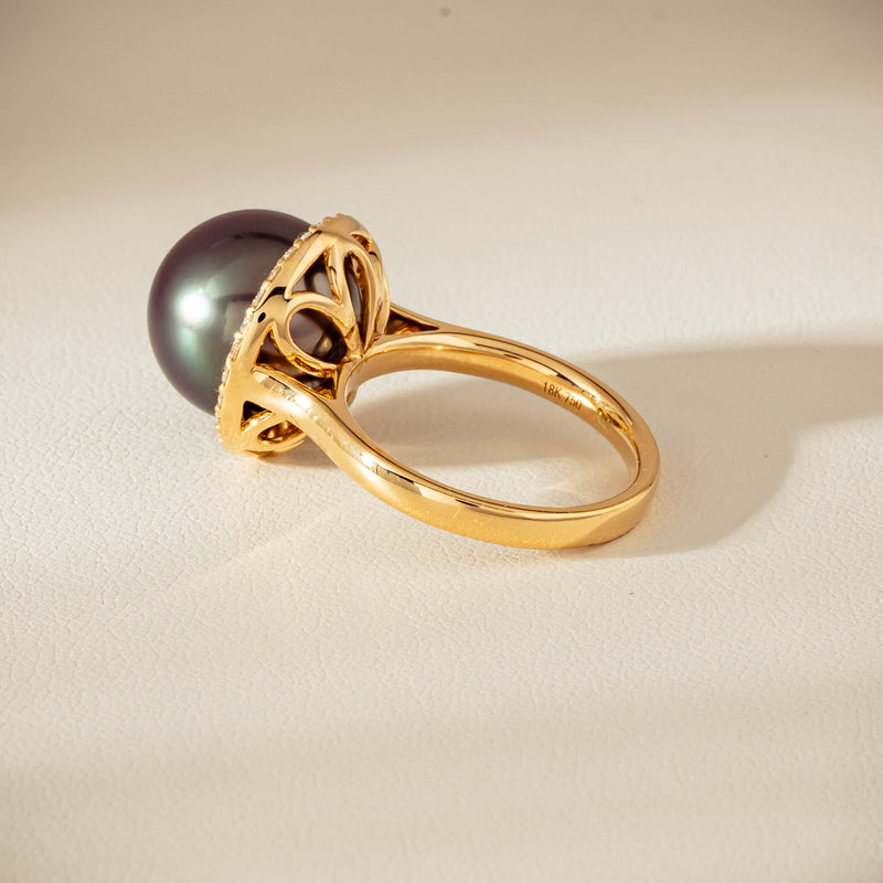 18ct Yellow Gold 12.8mm Tahitian Black Pearl Diamond Callisto Ring - Ring - Walker & Hall