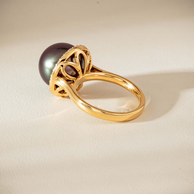 18ct Yellow Gold 12.8mm Tahitian Black Pearl Diamond Callisto Ring - Ring - Walker & Hall