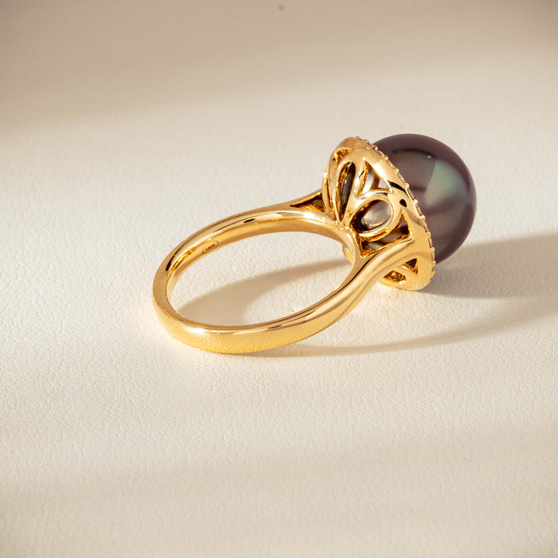 18ct Yellow Gold 12.8mm Tahitian Black Pearl Diamond Callisto Ring - Ring - Walker & Hall