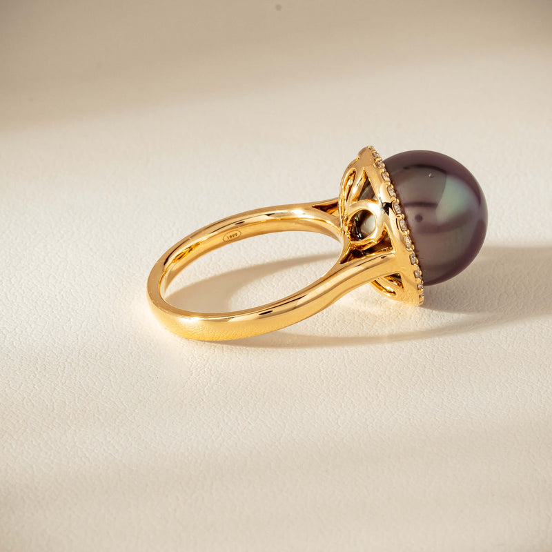 18ct Yellow Gold 12.8mm Tahitian Black Pearl Diamond Callisto Ring - Ring - Walker & Hall