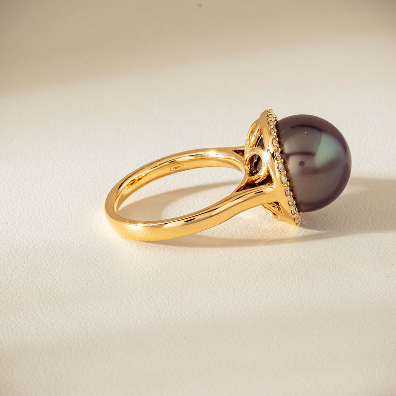 18ct Yellow Gold 12.8mm Tahitian Black Pearl Diamond Callisto Ring - Ring - Walker & Hall