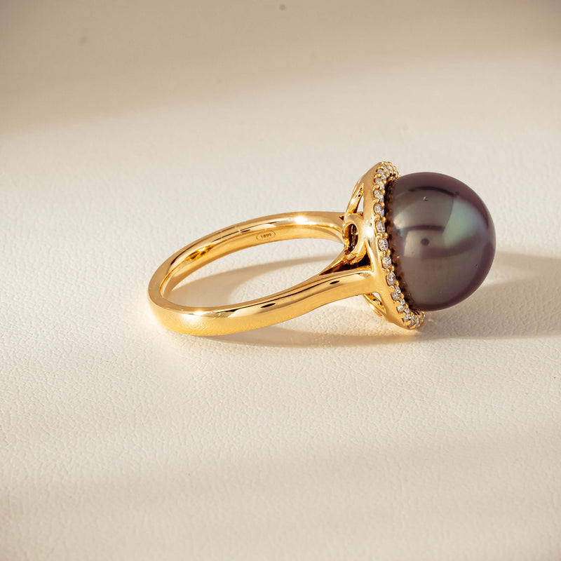 18ct Yellow Gold 12.8mm Tahitian Black Pearl Diamond Callisto Ring - Ring - Walker & Hall