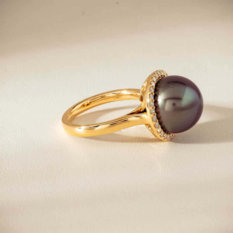 18ct Yellow Gold 12.8mm Tahitian Black Pearl Diamond Callisto Ring - Ring - Walker & Hall