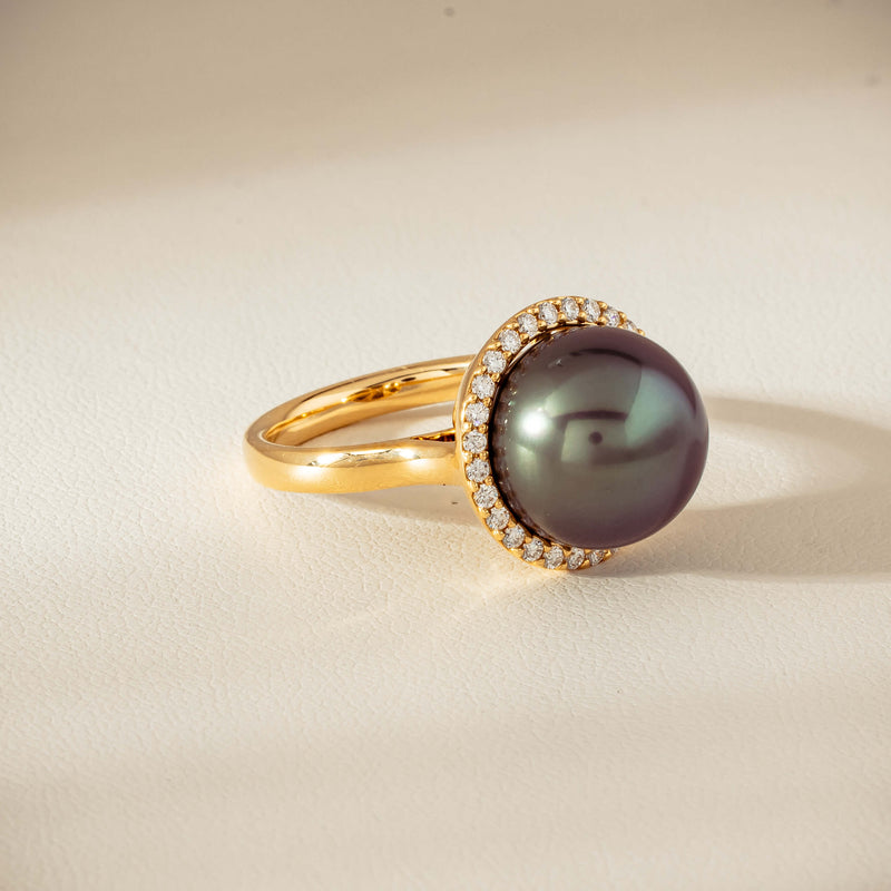 18ct Yellow Gold 12.8mm Tahitian Black Pearl Diamond Callisto Ring - Ring - Walker & Hall