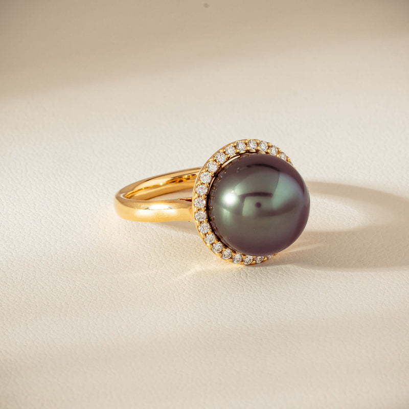 18ct Yellow Gold 12.8mm Tahitian Black Pearl Diamond Callisto Ring - Ring - Walker & Hall
