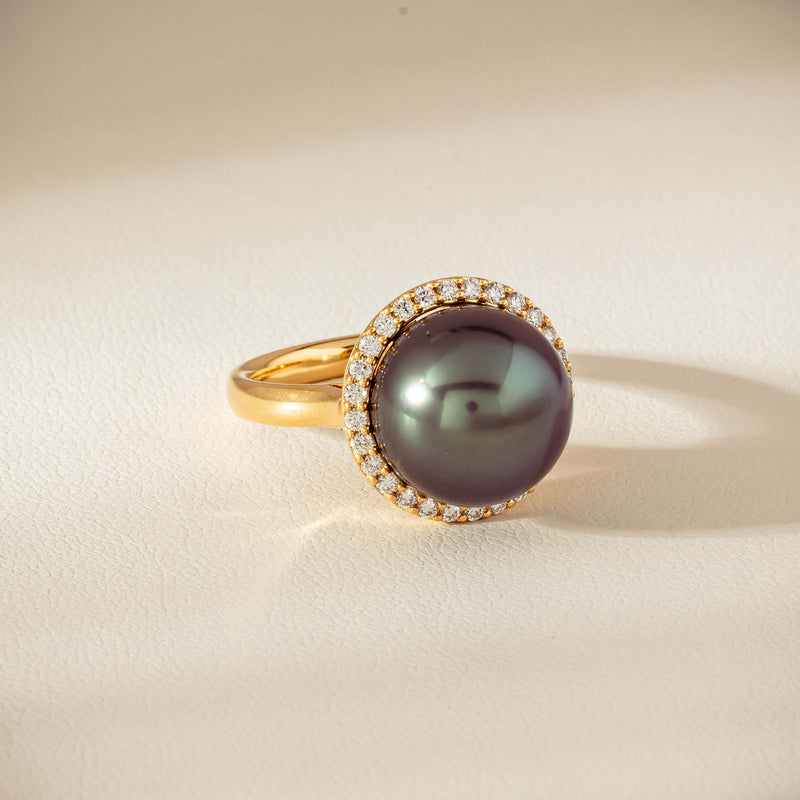 18ct Yellow Gold 12.8mm Tahitian Black Pearl Diamond Callisto Ring - Ring - Walker & Hall