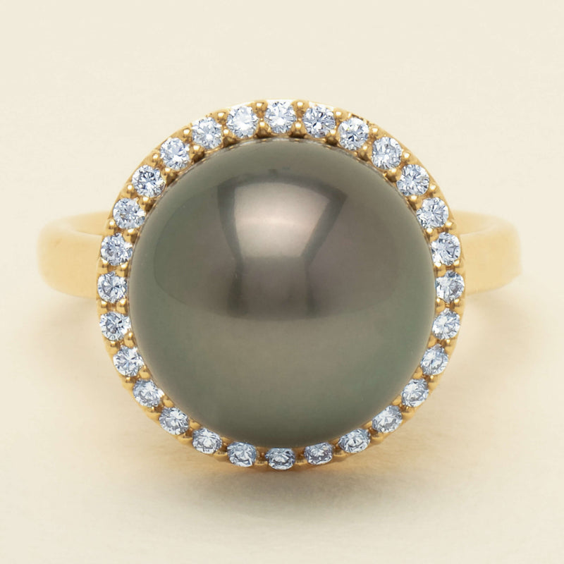 18ct Yellow Gold 12.8mm Tahitian Black Pearl Diamond Callisto Ring - Ring - Walker & Hall