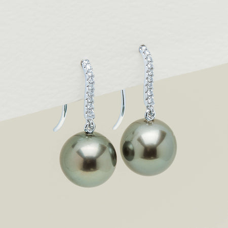 18ct White Gold 10mm Black Pearl & Diamond Drop Earrings - Earrings - Walker & Hall