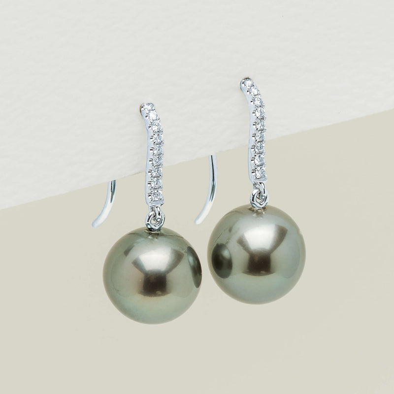18ct White Gold 10mm Black Pearl & Diamond Drop Earrings - Earrings - Walker & Hall