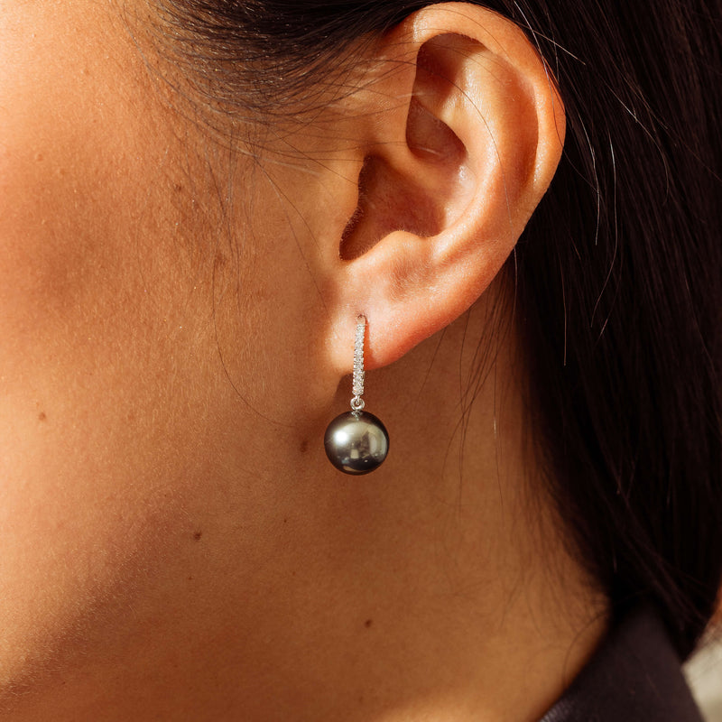 18ct White Gold 10mm Black Pearl & Diamond Drop Earrings - Earrings - Walker & Hall