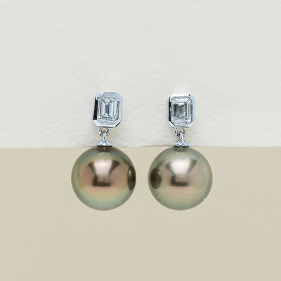 18ct White Gold 10.6mm Black Pearl & Diamond Drop Earrings - Earrings - Walker & Hall
