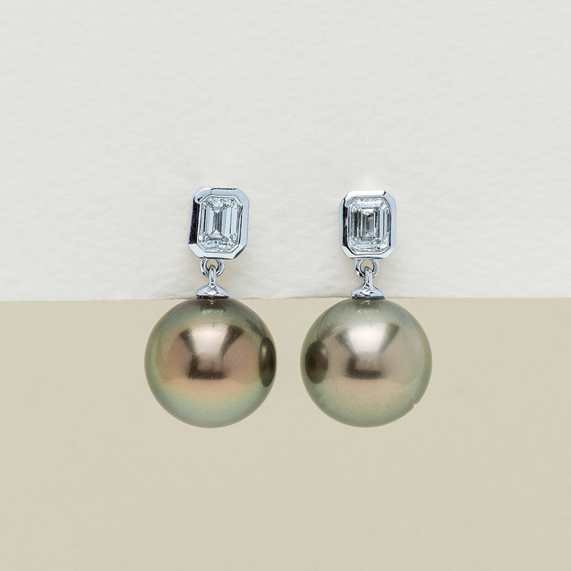 18ct White Gold 10.6mm Black Pearl & Diamond Drop Earrings - Earrings - Walker & Hall