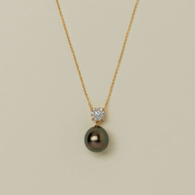 18ct Yellow Gold 12.4mm Black Pearl & Diamond Galaxy Pendant - Necklace - Walker & Hall